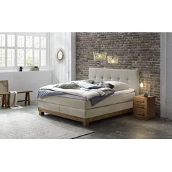 Hasena Boxspringbett Finca, Farbe: Wildeiche natur, gebürstet, geölt, Bezugsfarbe: Pepe beige, verschiedene Größen