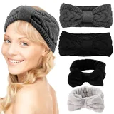 Stirnband Damen Winter, 2 Stück Gestricktes Haarband Gefüttert mit Fleece, Headband Winter mit Schleife,Headband Damen,Wide Elastic Headwrap Haarband Ohrenwärmer Winterstirnbänder Haarreifen