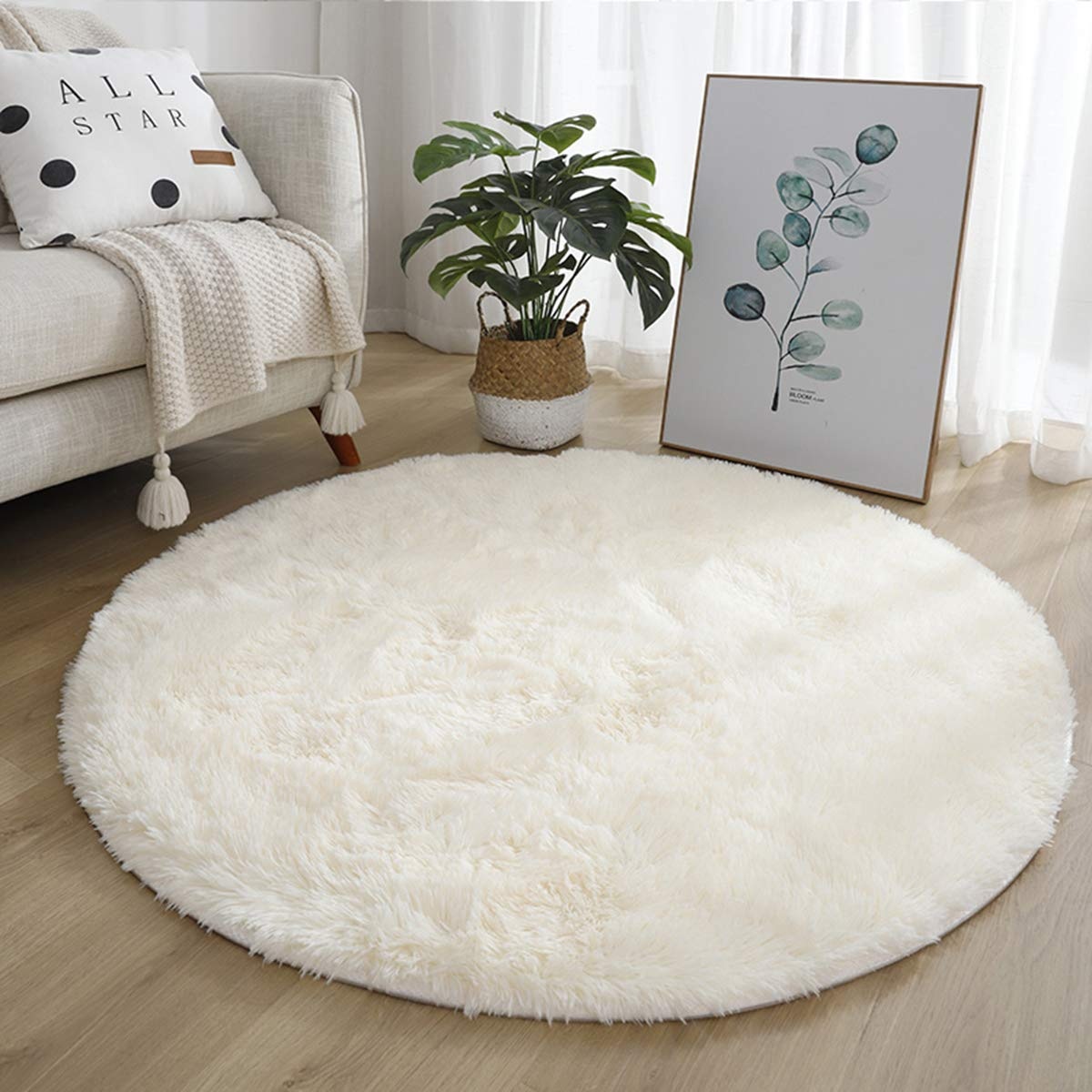 Leesentec Area Rugs Round Bedroom Carpets Living Room Anti Slip Soft Fluffy Rug Shaggy Floor Mats Large for Hallway (White, 160cm)