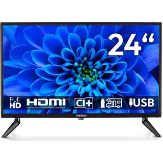MEDION 59,9 cm (24 Zoll) Full HD Fernseher (perfekt für Camping Wohnmobil LKW Garten, 12V KFZ Car-Adapter, Triple Tuner Receiver, HDMI, USB, MD 82... - Schwarz