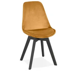 KADIMA DESIGN Holzstuhl mit Samtstoff Bezug in Senfgelb | Esszimmerstuhl mit Polsterung für Komfort | Vintage Retro Akzentstuhl mit Schwarzen Holzbeinen | Kadima