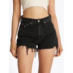 Shorts TOMMY JEANS "HOT PANT BI8080", Damen, Gr. 26, N-Gr, schwarz (denim schwarz), Denim/Jeans, Obermaterial: 100% Baumwolle, Destroyed-Effekte, casual, normal kurz, Hosen, im Destroyed-Look