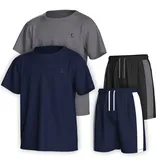 Essenclo Boys Clothing Sets Tagless Loose Athletic Performance Crew Neck T-Shirt and Short Outfits Size 3-16 (4 Piece Set) - Set-3-15-16 - 15-16