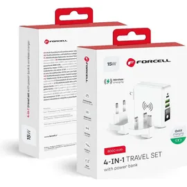 forcell Multifunktionsladegerät 4in1 15W mit USB/USB typ C, Powerbank 8000mAh und kabelloses Laden in einem