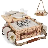 Multifunktionales Picknickkorb-Set aus Weidengeflecht für 4 Personen mit Decke und Picknicktisch, isoliertes Picknick-Set mit vollem Geschirr für Camping, Outdoor-Paare, Natur