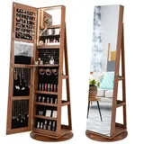 COSTWAY Schmuckschrank mit Ganzkörperspiegel & LED stehend, drehbar, abschließbar braun