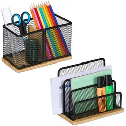 Relaxdays Schreibtisch Organizer Set 2-tlg., Metall, Briefständer & Stiftehalter, Büro-Organizer, Bambus, schwarz/ natur