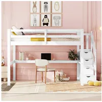 XDOVET Hochbett mit Stauraumschubladen und Unterbettschreibtisch 140 x 200 cm Kiefer massiv weiß