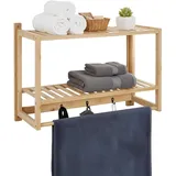 Relaxdays Wandregal Bad, HxBxT: 40 x 60 x 23,5 cm, Bambus, Handtuchstange, 3 Haken, Hängeregal Badezimmer & Küche, Natur
