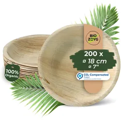 BIOZOYG 200 Stück Einwegteller Ø 18cm Palmblatt-Teller, rund, biologisch abbaubar, umweltfreundlich, kompostierbar, wiederverwertbar, Wegwerfteller