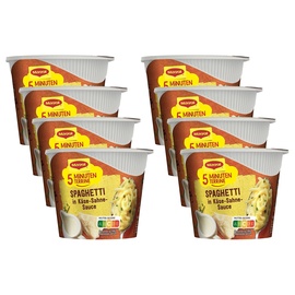 MAGGI 5 Minuten Terrine Spaghetti in Käse-Sahne-Sauce, leckeres Fertiggericht, Instant-Nudeln, mit würzigem Speck & Parmesan, 8er Pack (8 x 62g)