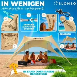 eloneo Strandzelt, Sonnensegel Strand 300x300x200 cm, LSF 50+, Sonnenschutz für Strand mit Sandschaufel, Heringen und 4 Stabilitätsstangen, 8 Personen, Creme