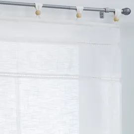 Kutti Woody weißes Raffrollo Raffgardine mit Schlaufen und Holzkugeln,Reine Baumwolle, Landhaus-Gardine Küche,Leinen-Optik, Breite 120 cm x Höhe 140 cm