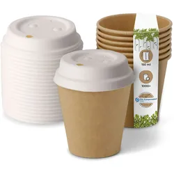 BIOZOYG 1000 Stück Kaffeebecher mit passenden Pappdeckeln 150ml / 6oz Einwegbecher Pappbecher Kaffeetassen ungebleicht kompostierbar nachhaltig