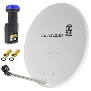 Zehnder 80cm Spiegel Schüssel Stahl + Twin LNB | 2 Teilnehmer SAT Anlage HD Digital Set hellgrau | DVB-S/S2 Full HDTV 3D 4K Ultra HD UHD Empfang