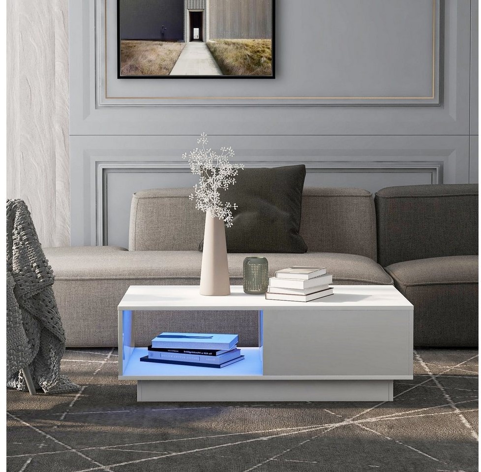 OKWISH Couchtisch Moderner Hochglanz-Sofatisch, Couchtisch, rechteckiger (Wohnzimmertisch mit LED-Licht), 15 Farben für Teetisch, Haushaltsdekoration (95 x 55 x 32 cm) weiß