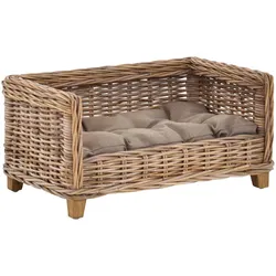 Krines Home Hundekorb Hundekorb Hundebett aus Natur Rattan mit Kissen auf Holzrahmen, Korb für Hunde Tierkorb für Katzen grau 61 cm x 41 cm