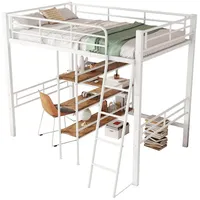 HAUSS SPOLE Hochbett 90x200cm mit Schreibtisch, Regale, Leiter, ohne Matratze, Weiß (Hochbett,mit Schreibtisch und Regalen, stabiler Eisenrahmen, sichere Leiter, platzsparend für Kinderzimmer, Ohne Matratze, 90x200 cm) ohne Matratze
