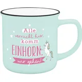 GRUSS & CO Becher in Emailloptik " Alle verrückt hier, komm Einhorn wir gehen.