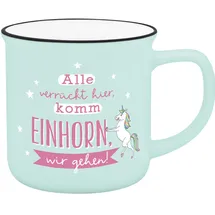 GRUSS & CO Becher in Emailloptik " Alle verrückt hier, komm Einhorn wir gehen.