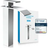 Bächlein Badarmatur Tamina hoch in Wasserfall-Design, extra hoher Einhebelmischer mit Montage-Set für Aufsatzwaschbecken, Bad Wasserhahn Chrom