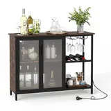 COSTWAY Weinschrank mit LED-Beleuchtung, Barschrank mit Weinregalen, Glashalter, Glastür & Steckdosen, Sideboard, Buffetschrank, 110 × 35 × 82 cm - Braun