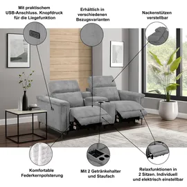 OTTO home 2-Sitzer OTTO HOME "LUND, Kinosofa, Relaxfunktion, TV-Sessel, manuell/elektrisch (USB-A)", grau, B:195cm H:97cm T:99cm, Kunstleder 100% Polyurethan, Sofas, Kopfteilverstellung, Getränkachhalter, u. Staufach