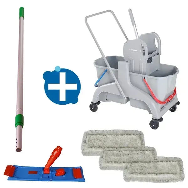 Reinigungswagen Set Bayersan Luck 50 cm aus Doppelfahrwagen 2x25 L, Klapphalter, Möppe, Telestiel