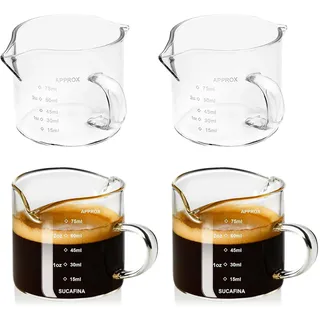 GOMETY Espressotassen Glas mit Griff 4er Set, 75ml Espresso Messbecher Glas mit Doppelausguss & Doppelskala Messbecher klein V-förmiger Öffnung Espressogläser Espresso Gläser für Barista Milch Kaffee