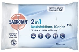 SAGROTAN 2in1 Desinfektionstücher, Feuchttücher zur Hand- und Flächendesinfektion, 1 Packung = 15 Tücher