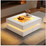 OKWISH Couchtisch Weißer LED-Couchtisch mit Glastischplatte und 3 Schubladen. (Couchtisch mit Glastischplatte, 3 Schubladen, 1-St., mit LED-Leuchten, 3 Schubladen, Sofatisch), Couchtisch mit Glastischplatte weiß