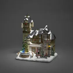 Konstsmide LED Fiberoptikhaus mit Burgszene und Weihnachtsbaum, mit Musik, 6 bunte Dioden, Innentrafo/batteriebetrieben, schwarzes Kabel - 4232-000