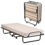 FANTASK 80x190cm Klappbares Einzelbett mit Matratze aus Rückstellschaum, Gästebett, Stabiler Metallbett, Klappbett auf Rädern, Beige