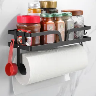 Kegii Küchenrollenhalter Wandrollenhalter Küche Küchenpapierhalter mit Gewürzregal, Küchenpapierhalter mit Ablage, Rollenhalter mit Gelochte oder Geklebte Zwei Installationsmethoden