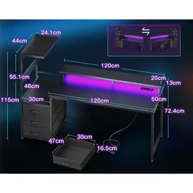 Gaming Tisch mit LED-Beleuchtung und Steckdose, Carbon Fiber, Schwarz, 151×50 cm - Schwarz