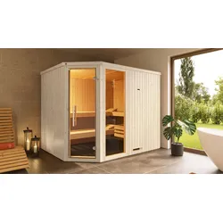 Sauna WEKA "Element-Ecksauna VARBERG 4", weiß, ohne Ofen, ohne Steuerung, (ohne Ofen), Saunen, vorgefertigte Elemente, Fensterelement, moderne Ganzglastür