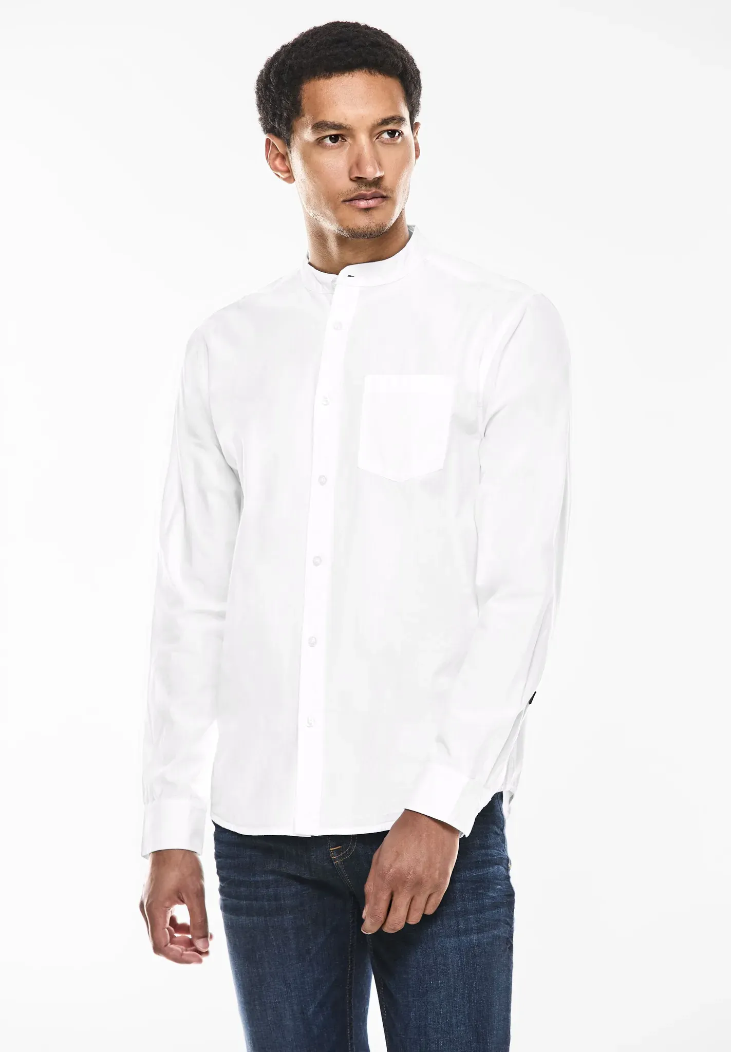Langarmhemd STREET ONE MEN, Herren, Gr. L (42), US-Größen, weiß, Web, 100% Baumwolle, unifarben, gerade hüftlang, hoch geschlossener Ausschnitt, Bündchen, Hemden, mit Stehkragen