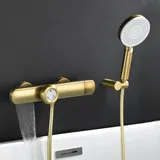 SWHC Duscharmatur Komplettset mit Thermostat, Badewannenarmatur Gold mit Handbrause Wasserfall Badewanne Armatur Messing Wannenarmatur inkl 3 Funktionen Handbrause 150cm Brauseschlauch