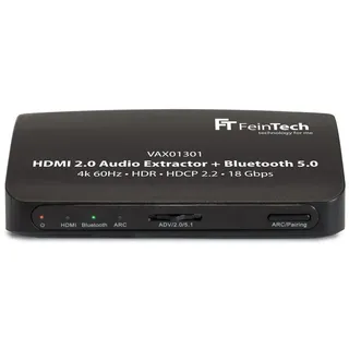 FeinTech VAX01301 HDMI Audio Extractor mit Bluetooth Sender Audio-Adapter HDMI zu Toslink, Cinch, Bluetooth, unterstützt HDMI-ARC schwarz