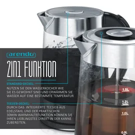 Arendo Edelstahl Glas Wasserkocher mit Teesieb und Rauchglas Teekocher Infusion 1,7 Liter