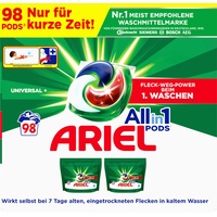 Ariel Waschmittel Pods All-in-1, 98 Waschladungen (2x49) Universal Frischer Wäscheduft und Fleckenentfernung selbst bei niedrigen Wassertemperaturen