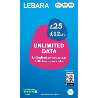 Lebara Mobile SIM-Karte: unbegrenzte Daten-SIM nur Plan für £12,50, halber Preis für die ersten 3 Monate, kein Vertrag, UK-Anrufe, SMS, internationale Minuten, EU- und Indien-Roaming enthalten