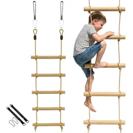 aiyaplay Strickleiter für Kinder Ninja Line Kinder 1,8m Slackline Set mit 2 Karabinern und 2 Baumgurten 5-stufige Kletterleiter Outdoor Spielset Ausrüstung für 3-8 Jahre Naturholz