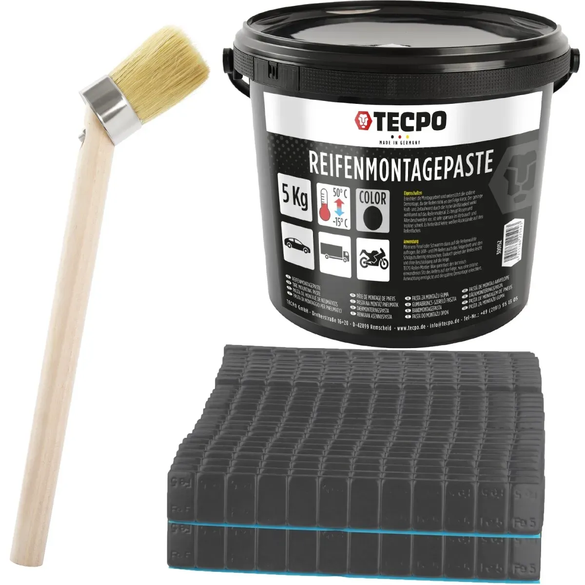 TECPO Reifenmontagepaste schwarz 5 kg + Pinsel + 600x Klebegewichte...