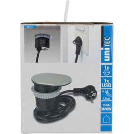 Unitec Einbausteckdosenleiste 1-Fach 1,5m mit USB, H05VV-F3 G1,5 mm, stahl