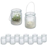 Relaxdays Windlicht, 12er Set, Glas mit Henkel, innen & außen, 9,5 x 8 cm, Hochzeit Teelichthalter, transparent/Silber