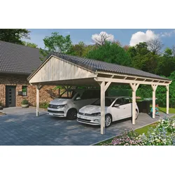 Doppelcarport SKANHOLZ "Fichtelberg", beige (natur), H: 574cm, Carports, mit Dachlattung