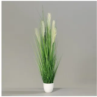 Seidenblumen Roß Pampasgras im weißen Dekotopf DP Dekogras Kunstgras künstliches Gras Kunstpflanzen (120cm)