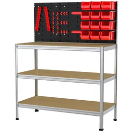 ar shelving Werkstattregal inkl. Werkzeugwand & Kästen Stahl 132 x 104 cm 3 Holzböden 900 kg
