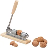 Relaxdays Retro Nussknacker Holz, Nutcracker, größenverstellbar, kraftsparend Nüsse öffnen, Hebel, Metall, Silber/Natur